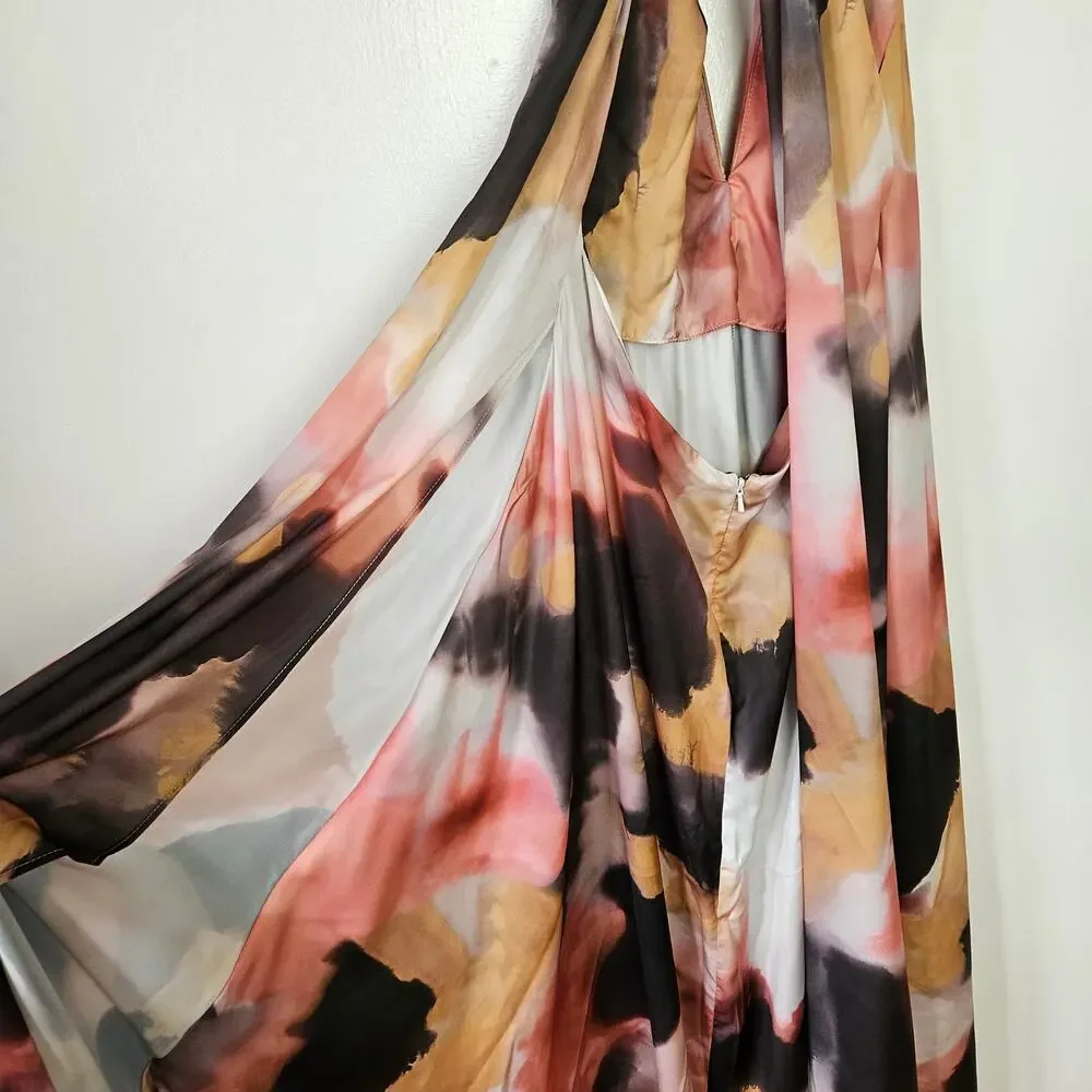 NEW Edition Asos Watercolor Print Satin Halter Maxi‎ Dress 4 Pink Black Tan NWT